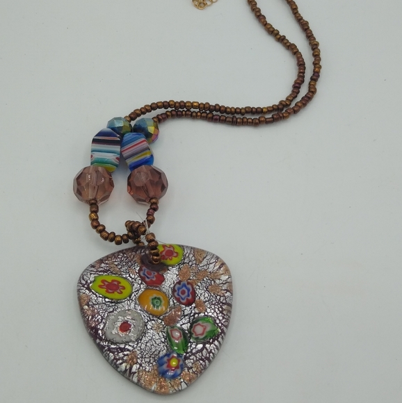 Murano Style Millefiori Resin or Glass Pendant Necklace with Bronze Beads - Picture 6 of 8